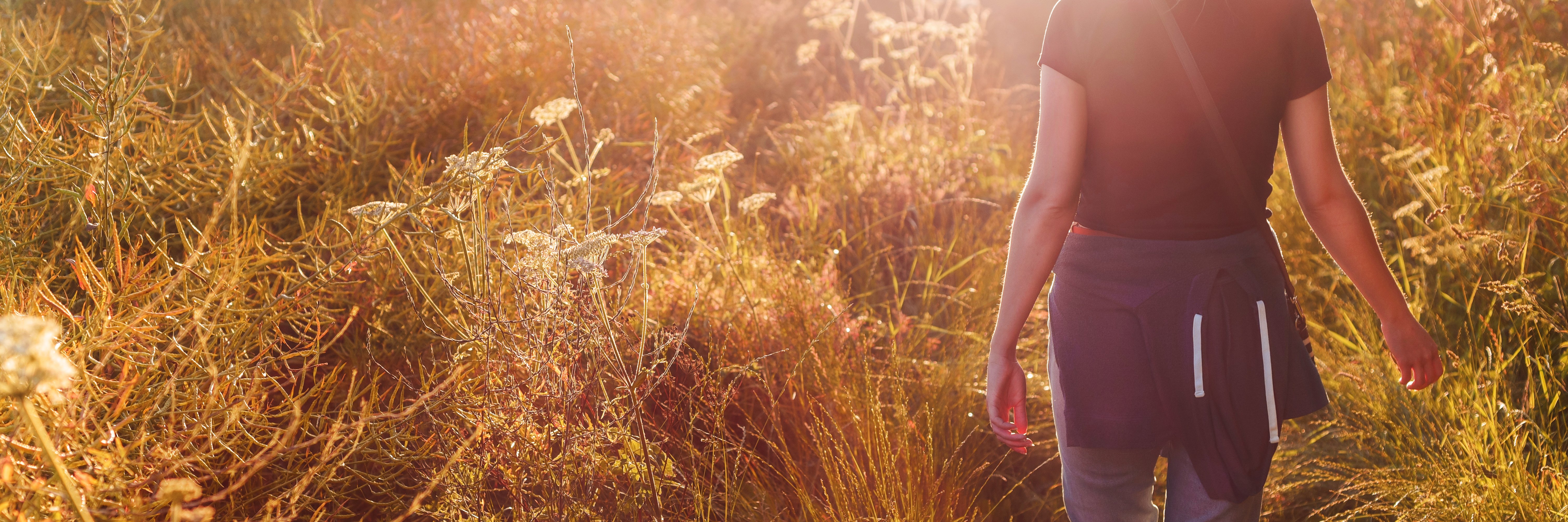 Kvinde går i naturlandskab i sollys. Et symbol på bæredygtighed og miljøbevidsthed hos APCOA